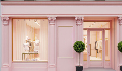 Pink storefront with classical columns, showcasing clothing and accessories.  Blank space for advertisement, representing elegance and retail.