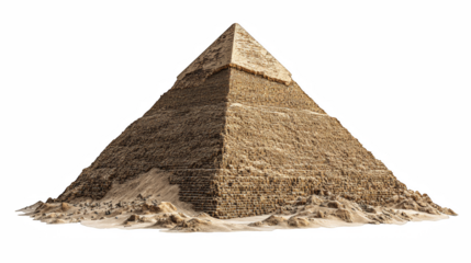 Majestic pyramid rises from the desert sands, displaying ancient Egyptian architecture against a striking black background.