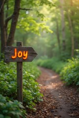 A rustic wooden signpost points the way to joy, vertical composition. This serene forest path scene evokes feelings of peace and tranquility.