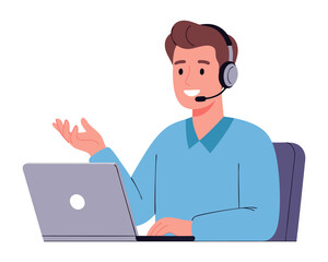 Friendly Man in Headset Providing Excellent Customer Service Through Online Support Communication with Laptop
