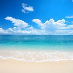 Fototapeta premium Stunning Tropical Beach Scene with Blue Ocean and Fluffy Clouds