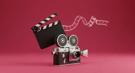 Vintage movie camera and clapperboard on red background, film reel swirls nearby.  Represents filmmaking, cinema, movie production, and classic movie aesthetic. Free space for text