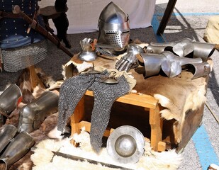 Medieval armor equipment, helemt, knight and weapon in exhibition