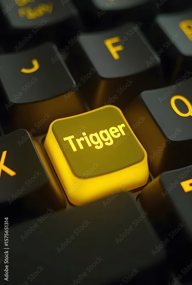 Poster illuminated yellow trigger key on a dark keyboard, vertical composition. a closeup shot emphasizing 