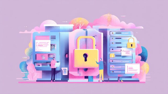 Modern Cybersecurity Concept with Digital Lock and Servers for Data Protection and Online Privacy Illustration