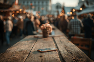 Cell Phone Resting on Wooden Table at an Outdoor Event, motion blur Business concept, motion bokeh background