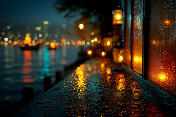 Rainy Night Cityscape Reflection With Glowing Lights and Water Droplets, motion blur Business concept, motion bokeh background