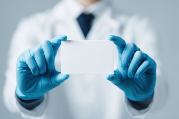 Healthcare fraud legal system  concept. A person in gloves holds a blank card, emphasizing a clean, professional environment.