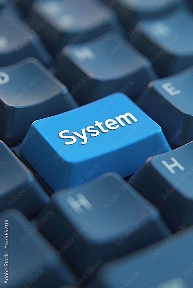 Poster closeup of a blue system key on a dark keyboard, vertical composition. a vibrant image ideal for tec
