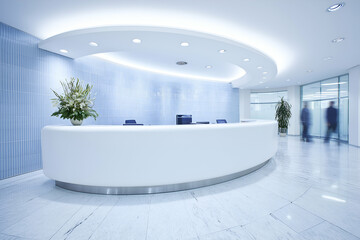 Modern Curved Reception Desk in Lobby with People Walking By, motion blur Business concept, motion bokeh background