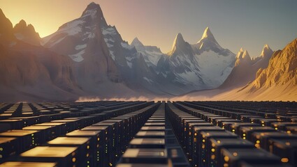 A futuristic server farm landscape blending advanced technology with nature's majesty