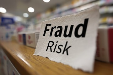 Healthcare fraud legal system  concept. A sign reading "Fraud Risk" on a wooden surface in a pharmacy setting.