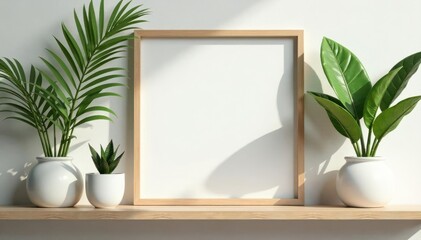 Modern floral shelf styling, tropical leaves, bamboo, photo frame mockup , interior styling, room, Scandinavian