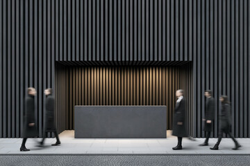 People walking past modern building facade with geometric wall design, motion blur Business concept, motion bokeh background