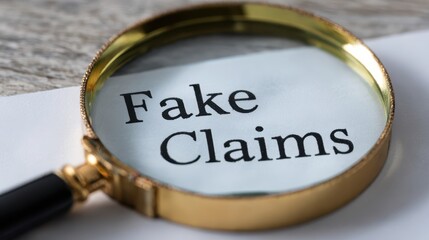 Healthcare fraud legal system  concept. A magnifying glass focuses on the text "Fake Claims" on paper.