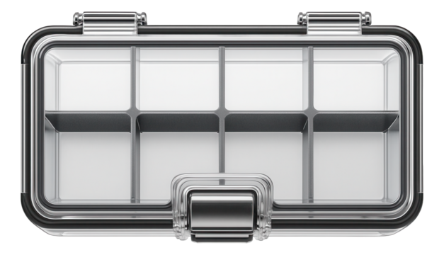 Transparent bit box with adjustable dividers for a customizable storage solution.