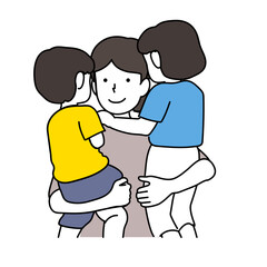 2人の子供を抱き抱える母親イラスト
