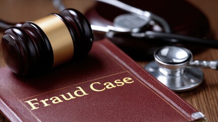 Healthcare fraud legal system  concept. A gavel and stethoscope on a fraud case book, symbolizing legal and medical themes.