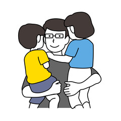 2人の子供を抱き抱える父親イラスト
