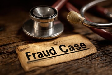 Healthcare fraud legal system  concept. Medical tools beside a label reading "Fraud Case" on a rustic wooden surface.