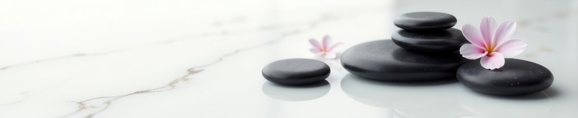 Smooth black spa stones on white marble background,  dark,  smooth,  marble
