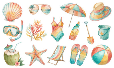 Watercolor Beach Vacation Clipart Set