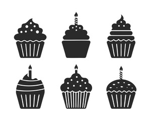 set of Birthday Cupcake icon silhouette vector illustration
