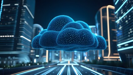 A futuristic vision of cloud computing over a sleek, advanced city landscape