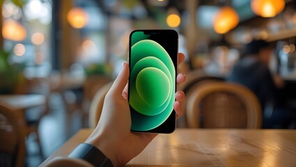 Close-up of Hand Holding Smartphone with Green Abstract Wallpaper in a Cafe