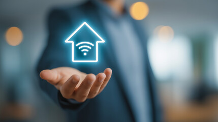 Businessman holding a smart home technology icon with a network connection on his hand