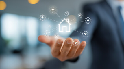 Fototapeta premium Businessman hand holding a smart home technology icon with a network connection