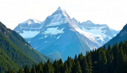Fototapeta premium Majestic Snow capped Mountain Peak with Lush Evergreen Forest Landscape