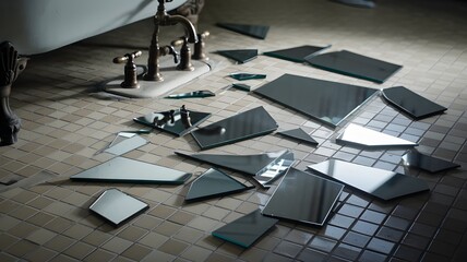Numerous shards of broken glass or mirror are scattered across a textured, possibly concrete or tiled, floor. The pieces are irregularly shaped and vary in size, creating a haphazard pattern. The floo