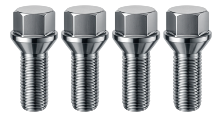 Chrome-plated wheel bolts with a hexagonal head for a truck's steel rims.