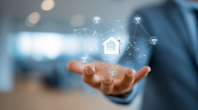 Businessman holding in his hand the smart home icon with connected nodes
