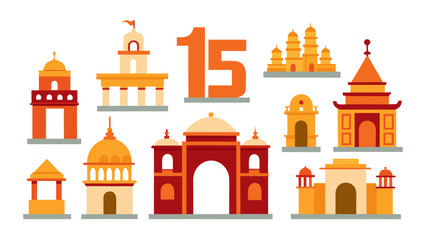 Obraz premium Collection of stylized indian architectural landmarks and the number fifteen