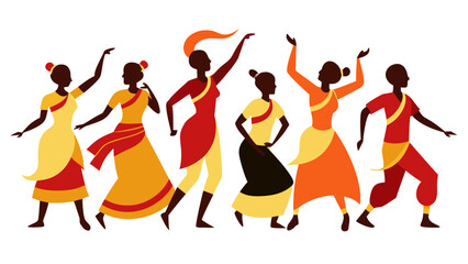 Group of diverse women dancing in colorful traditional indian attire