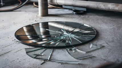 A round piece of broken glass or mirror lies on a textured, concrete-like surface. The glass is shattered into numerous sharp fragments, with a prominent impact point near the center from which cracks