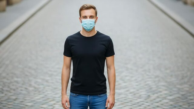 A young man wearing a protective face mask stands on a cobblestone street, taking precautions during the pandemic