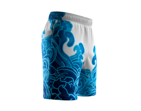Side View of Boys’ Bathing Shorts with Wave Pattern and Mesh Lining, Standing Pose, Isolated on Transparent Background