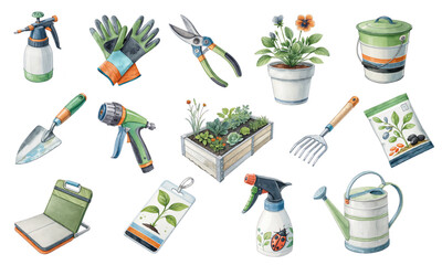 Watercolor Gardening Tools Plants Seeds Glove Watering Can Clipart Set