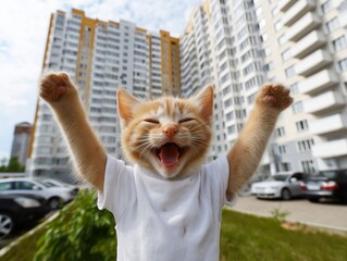 A hilarious and joyful photo of a cute cat with a big smile, raising its paws in celebration or success. A concept for happiness, winning, and funny memes