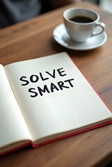 A motivational image featuring a notebook with handwritten text Solve Smart and a cup of coffee, vertical composition.
