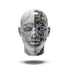 Marble and circuit human head sculpture in futuristic cybernetic style on white background