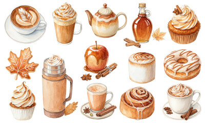 Watercolor Pumpkin Spice and Autumn Treats Clipart Set