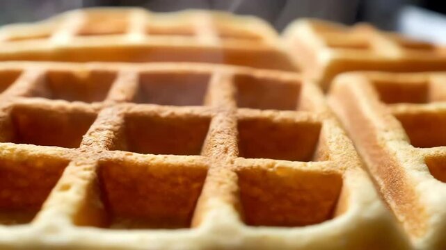 Close-up of a freshly baked, golden brown waffle with a textured surface
