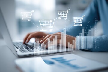 Person working on laptop, overlaid with shopping carts and graphs