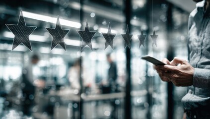 Obraz premium Businessman using phone near office stars