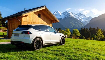 Electric vehicle parked near a wooden chalet in a mountain valley