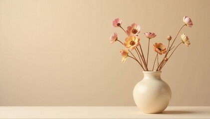 Beige background, ceramic vase, muted dried blooms Clean lines, soft focus , peaceful, calm